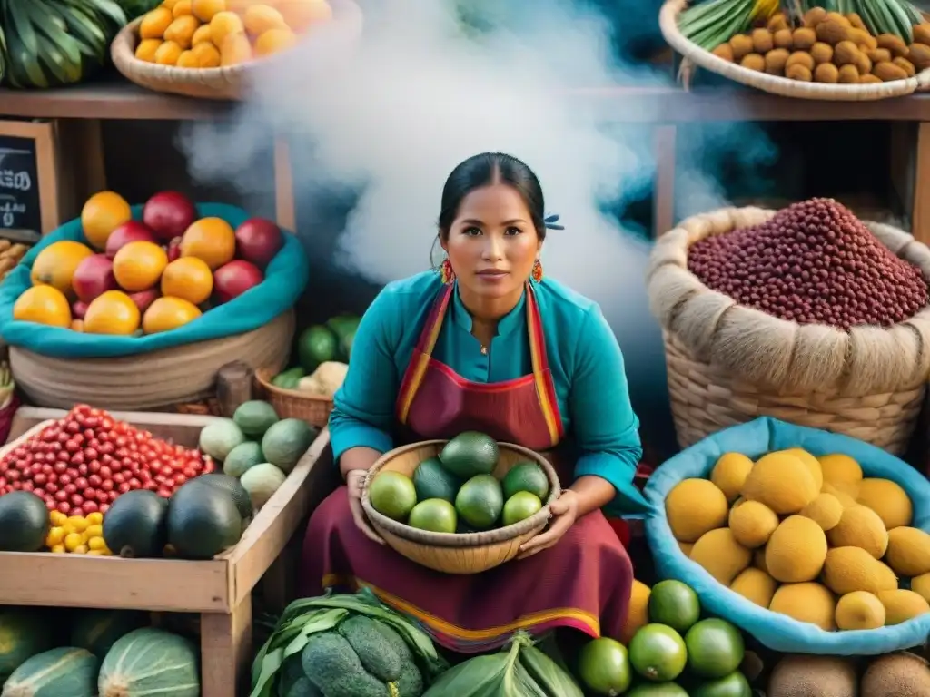 Un mercado peruano bullicioso con ingredientes vibrantes y vendedores indígenas en trajes coloridos