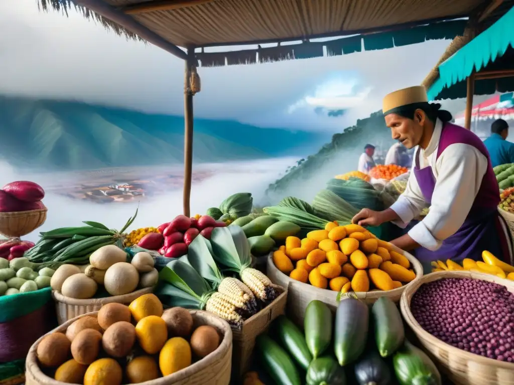 Mercado peruano bullicioso con ingredientes autóctonos para cocina vegetariana