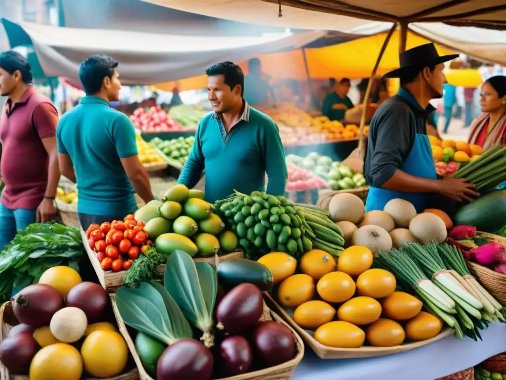 Un mercado peruano bullicioso con ingredientes frescos, colores vibrantes y una fusión cultural gastronómica