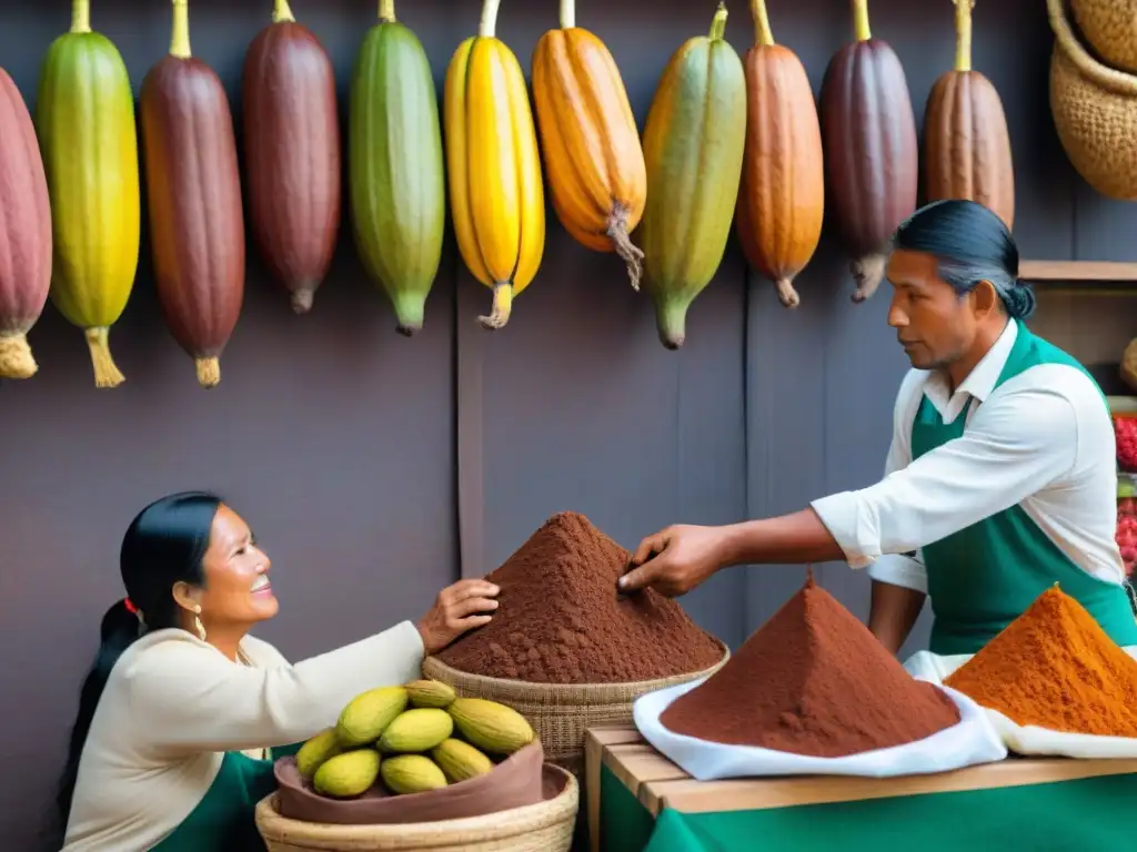 Un mercado peruano bullicioso con ingredientes autóctonos vibrantes y cacao, reflejando la esencia de la gastronomía peruana