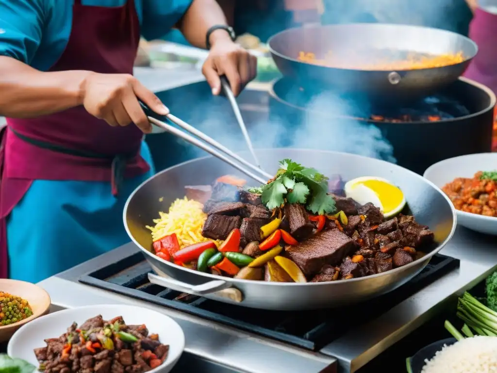 Un mercado peruano bullicioso con ingredientes frescos y un chef preparando Lomo Saltado, capturando la historia del plato emblemático