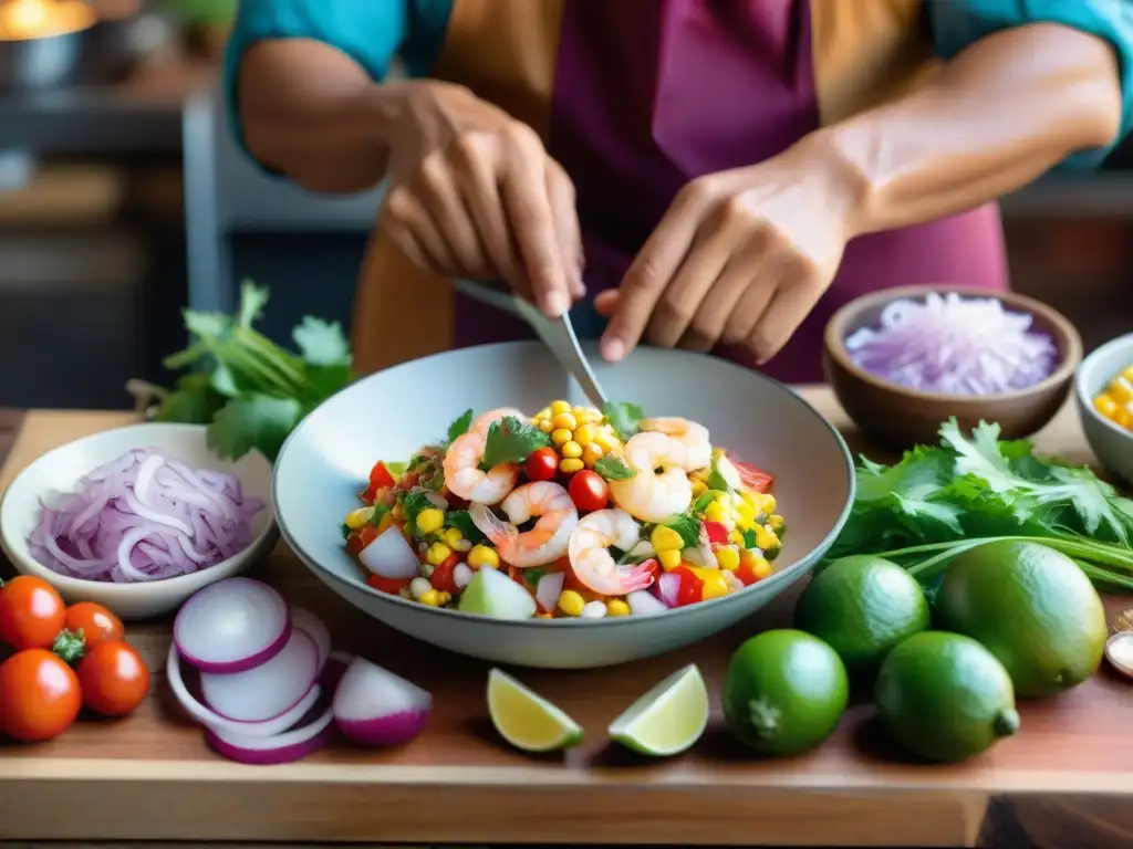 Escena vibrante: preparación de ceviche en mercado peruano Un mercado peruano bullicioso con ingredientes autóctonos para recetas de ceviche