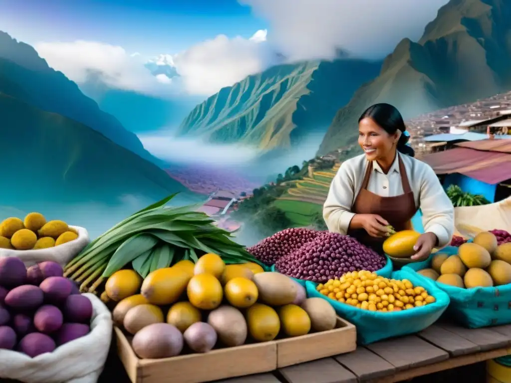 Mercado peruano bullicioso con ingredientes autóctonos y coloridos, vendedores locales y majestuosos Andes al fondo