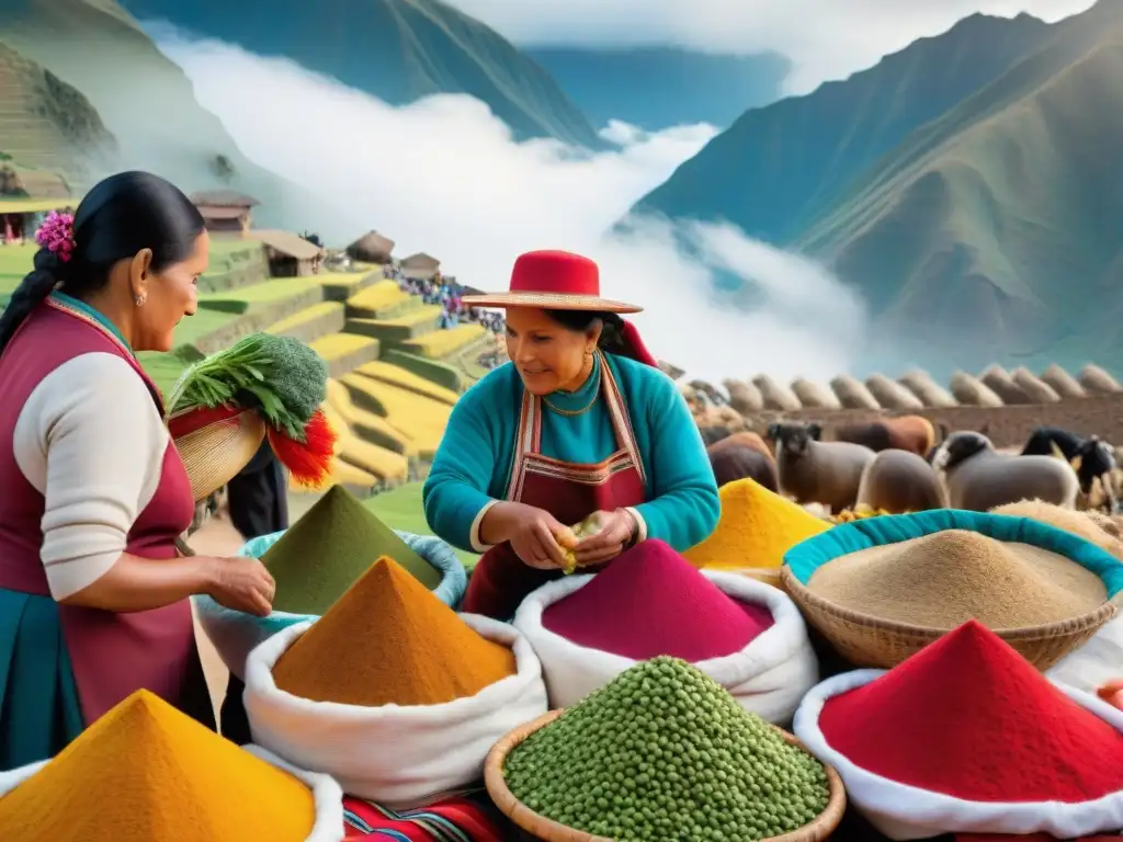 Un mercado peruano bullicioso con ingredientes frescos y coloridos para hacer emoliente peruano, inmerso en la historia cultural