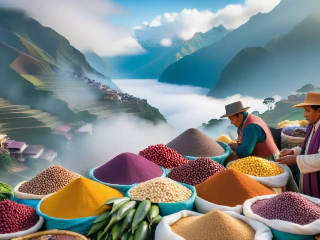 Un mercado peruano bullicioso, lleno de colores vibrantes de ingredientes autóctonos