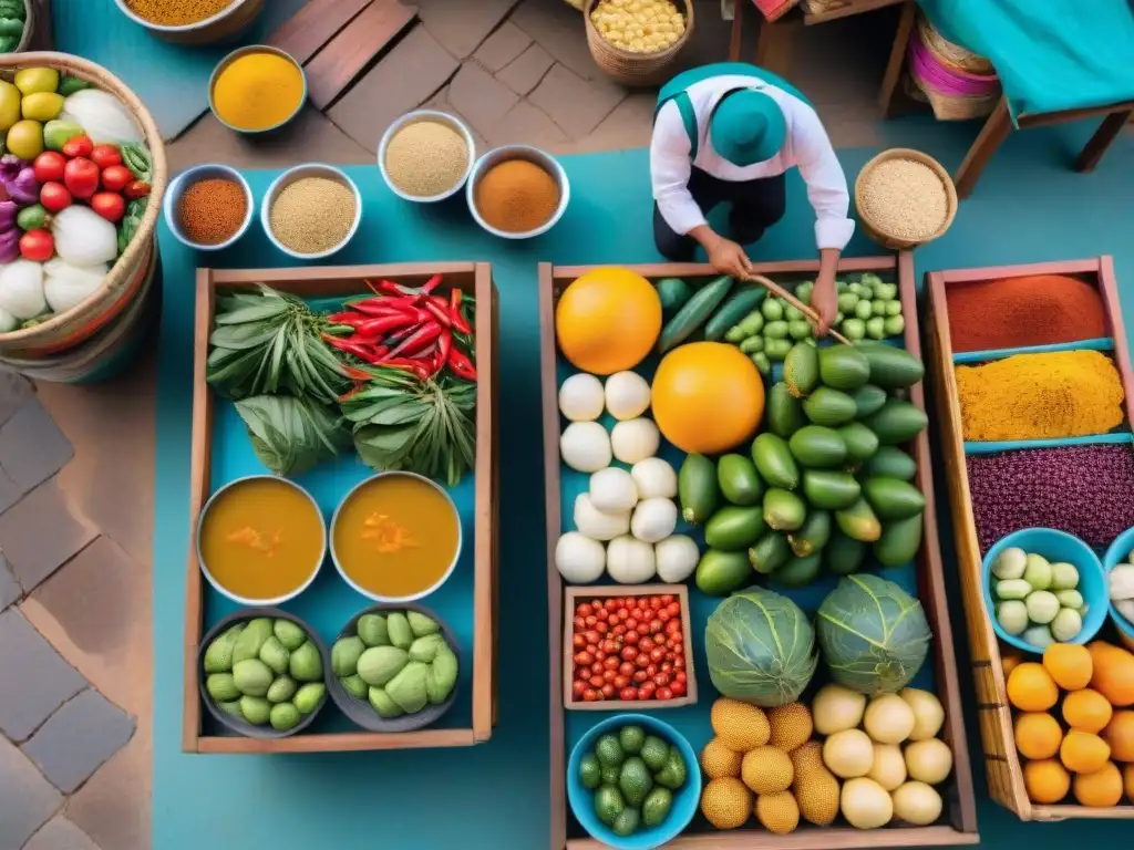 Un mercado peruano bullicioso lleno de colores, aromas y sabores, reflejando la inclusión social a través de la gastronomía en Perú