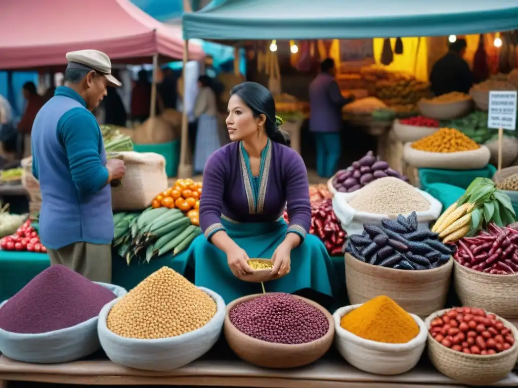 Un mercado peruano bullicioso lleno de ingredientes autóctonos vibrantes, vendedores locales y productos exóticos