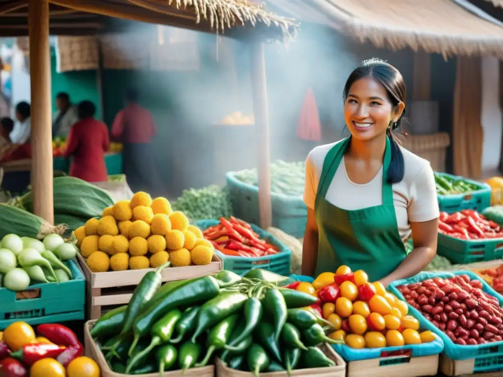 Un mercado peruano bullicioso lleno de variedades de ají, con colores vibrantes y mujeres indígenas en trajes tradicionales