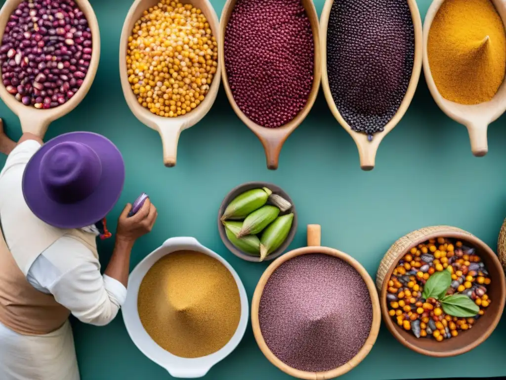 Un mercado peruano bullicioso lleno de ingredientes autóctonos vibrantes como maíz morado, fruta de lúcuma, quinua y ajíes