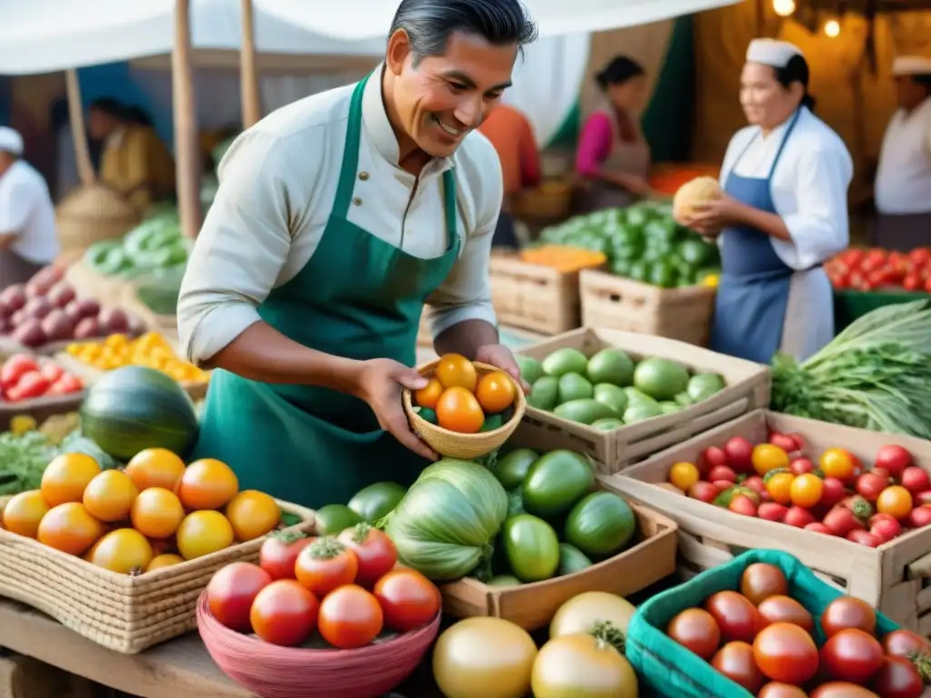 Un mercado peruano bullicioso, lleno de frutas y verduras coloridas, donde se destaca el compromiso Perú cocina sostenible