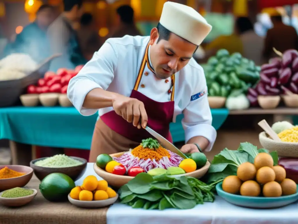 Un mercado peruano bullicioso lleno de colores vibrantes y sabores locales, con un chef preparando ceviche