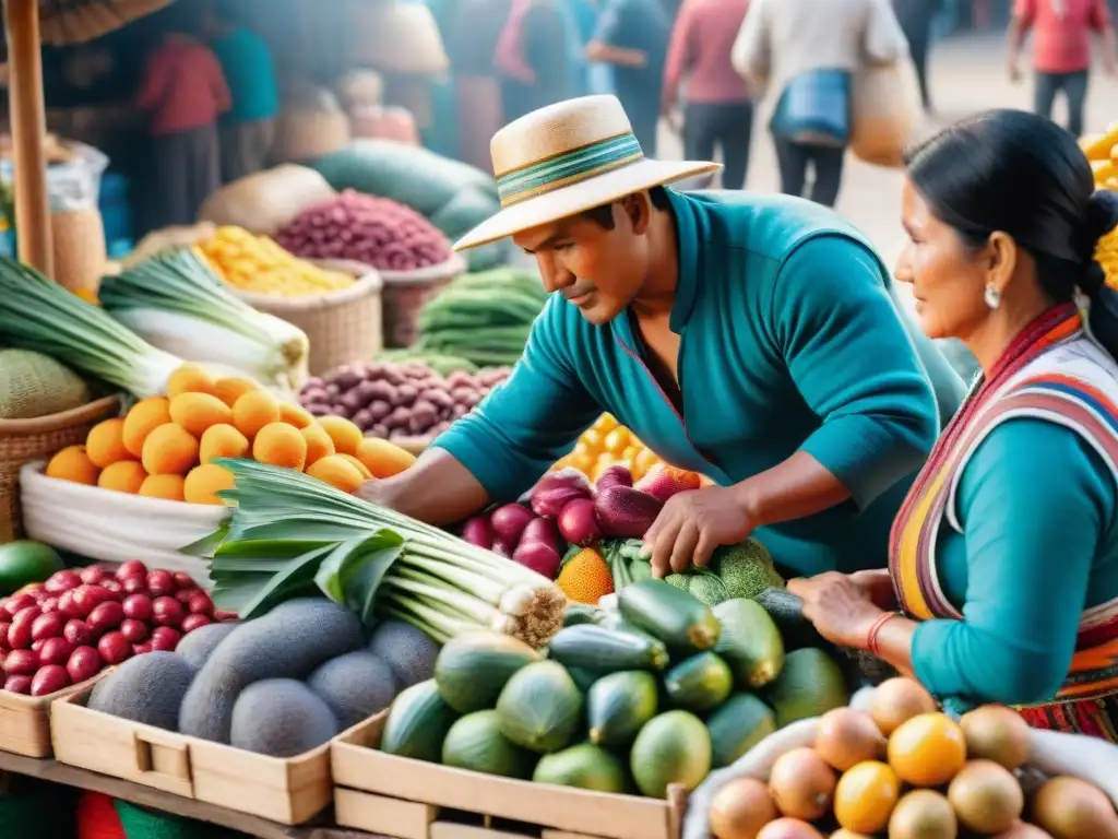 Un mercado peruano bullicioso, lleno de frutas y verduras coloridas, con vendedores usando tecnología de envasado al vacío en productos peruanos