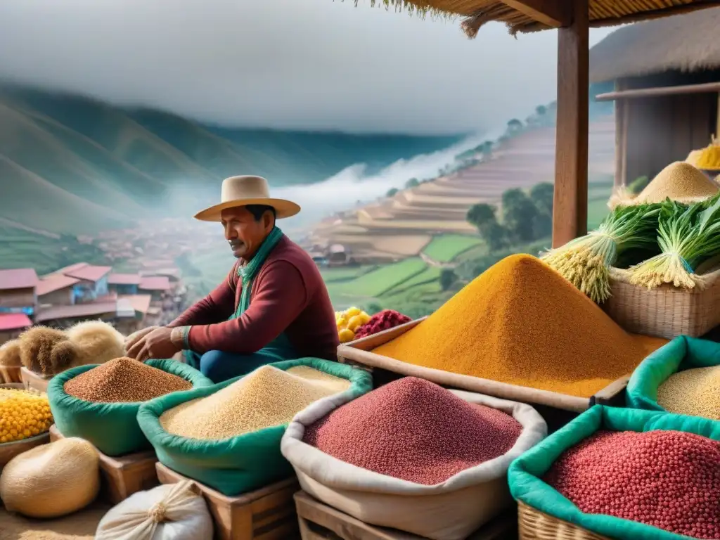 Un mercado peruano bullicioso lleno de variedades coloridas de quinua y textiles andinos tradicionales, con gran conexión a sus beneficios saludables