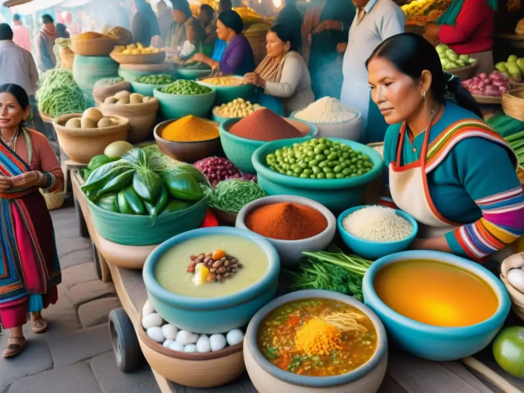 Un mercado peruano bullicioso lleno de colores y texturas, con ingredientes para Sopas peruanas tradicionales autóctonas