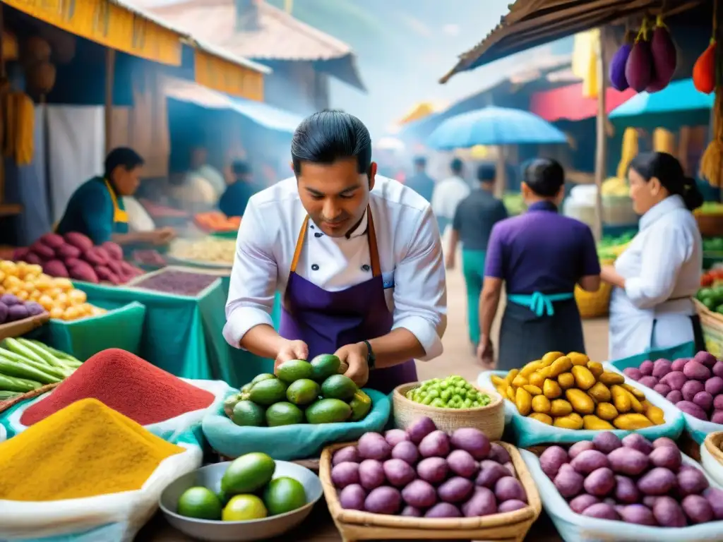 Un mercado peruano bullicioso lleno de colores y sabores, donde se fusionan tradición culinaria y aplicaciones móviles cocinar platos peruanos