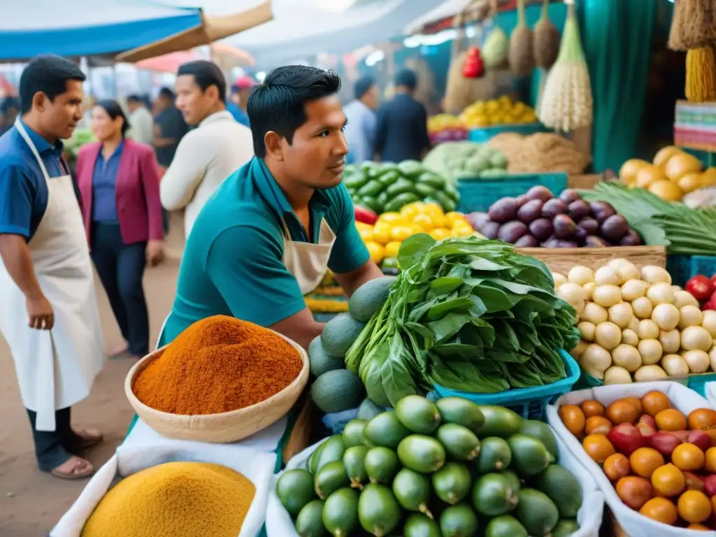 Un mercado peruano bullicioso lleno de coloridas paradas de productos frescos