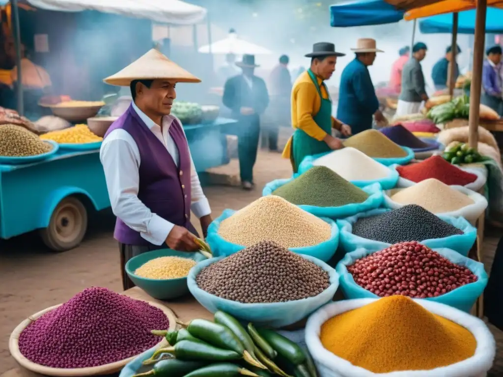 Un mercado peruano bullicioso, lleno de colores vibrantes y ingredientes tradicionales como quinua, maíz morado, ajíes y mariscos frescos