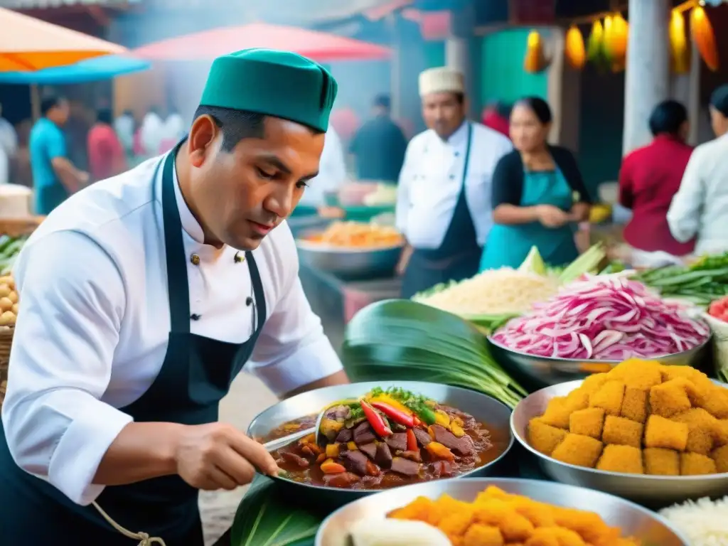 Un mercado peruano bullicioso, lleno de colores vibrantes y comida exótica, reflejando la preservación del legado culinario peruano