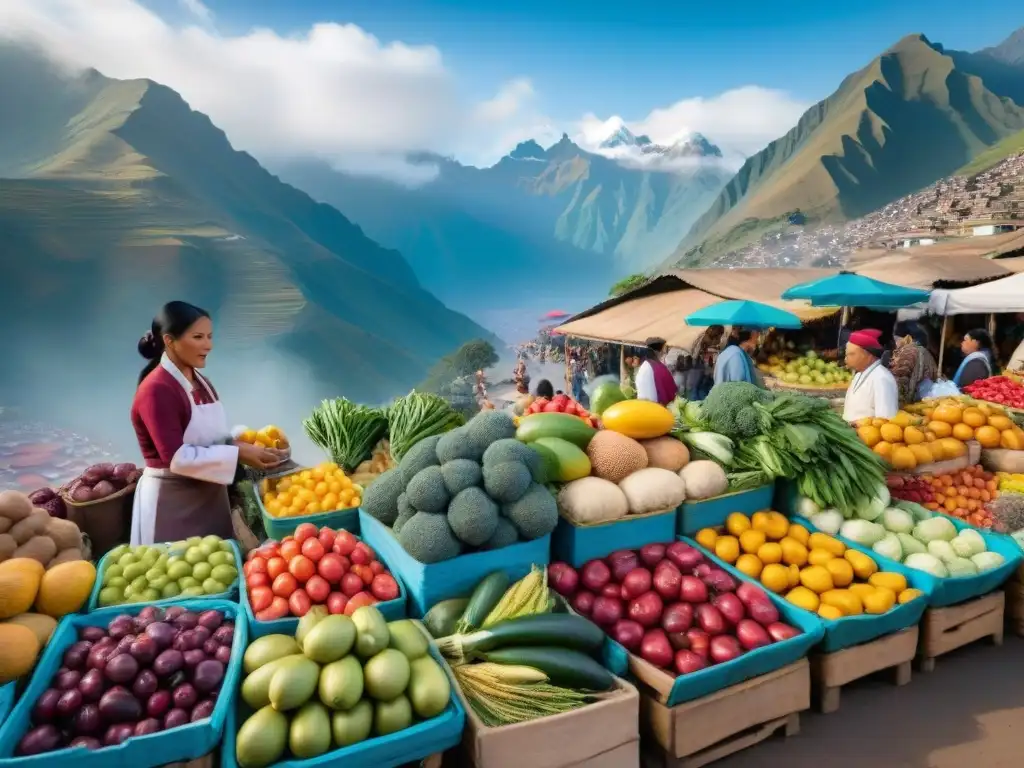 Un mercado peruano bullicioso lleno de colores y sabores, donde la cultura culinaria peruana cobra vida entre los Andes