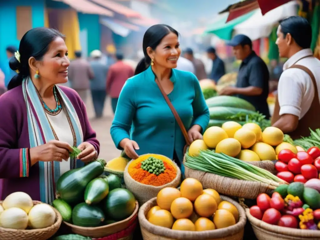 Un mercado peruano bullicioso lleno de colores y aromas, donde los vendedores locales y clientes interactúan en un ambiente vibrante y auténtico