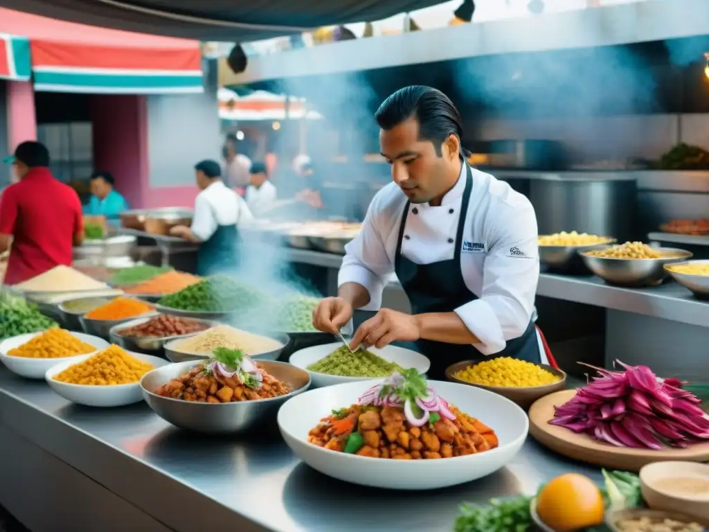 Un mercado peruano bullicioso lleno de colores y sabores, donde la gastronomía peruana platos tradicionales fusiones se mezclan con innovación