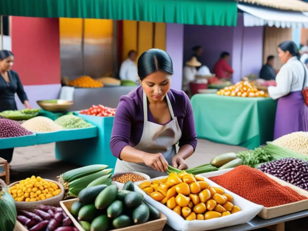 Un mercado peruano bullicioso lleno de colores vibrantes y mujeres preparando platos tradicionales rodeadas de curiosos