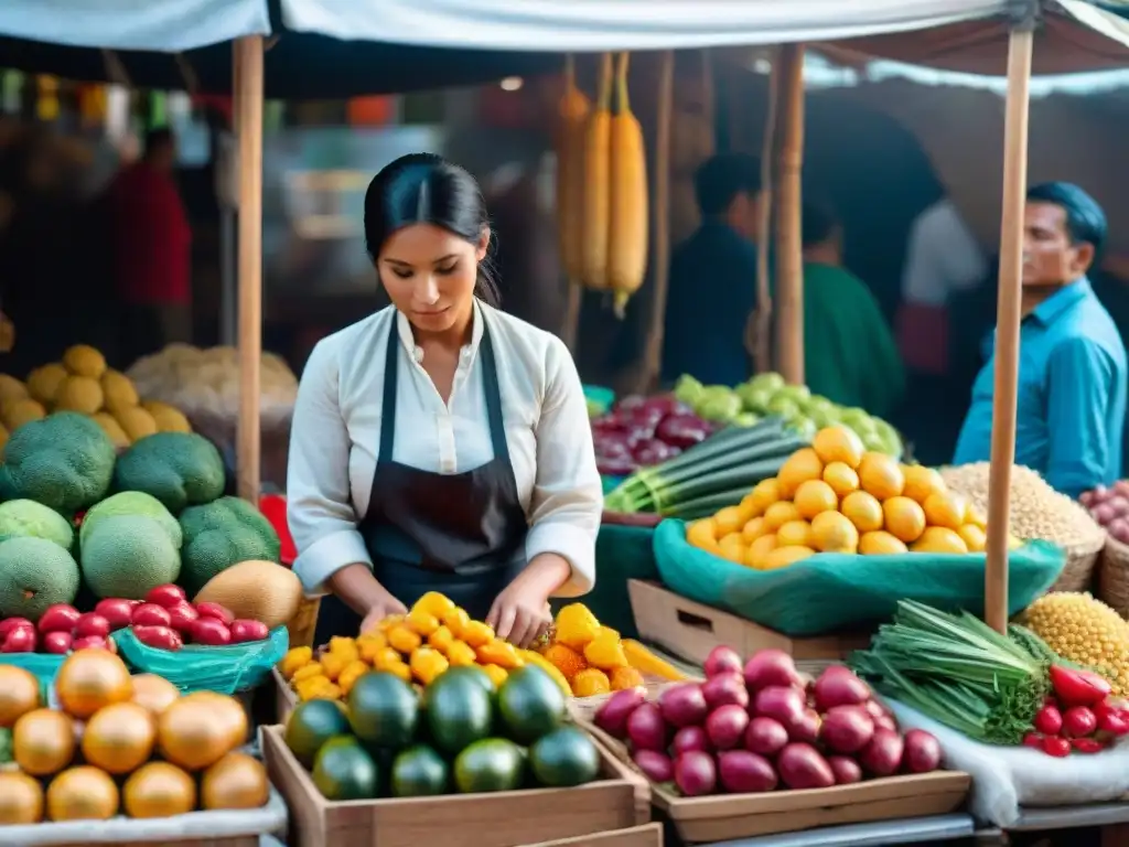 Un mercado peruano bullicioso, lleno de colores y sabores, destaca la importancia de la diversidad alimenticia en la dieta peruana