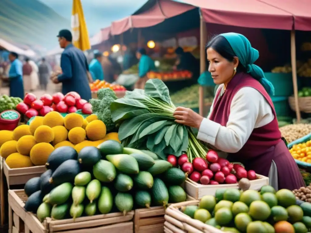 Un mercado peruano bullicioso lleno de ingredientes autóctonos en gastronomía peruana