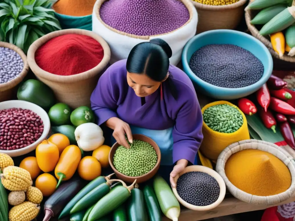 Un mercado peruano bullicioso lleno de colores vibrantes y productos frescos, como el maíz morado, la fruta de lúcuma y los ajíes