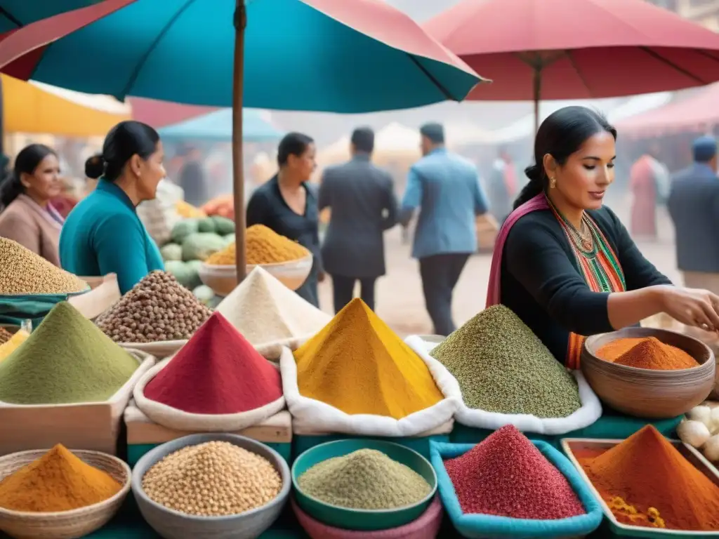 Un mercado peruano bullicioso lleno de colores y sabores, donde la cocina peruana se funde con la influencia árabe