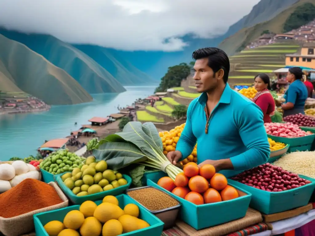 Un mercado peruano bullicioso lleno de colores vibrantes y sabores exóticos