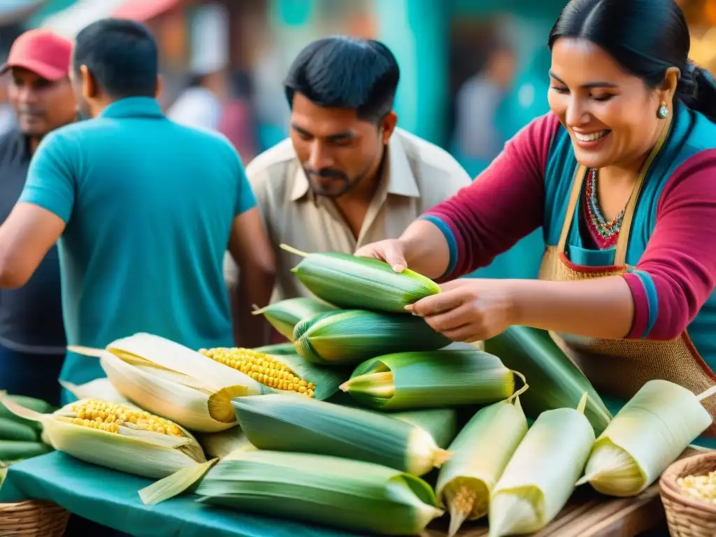 Un mercado peruano bullicioso con un maestro tamalero en el centro