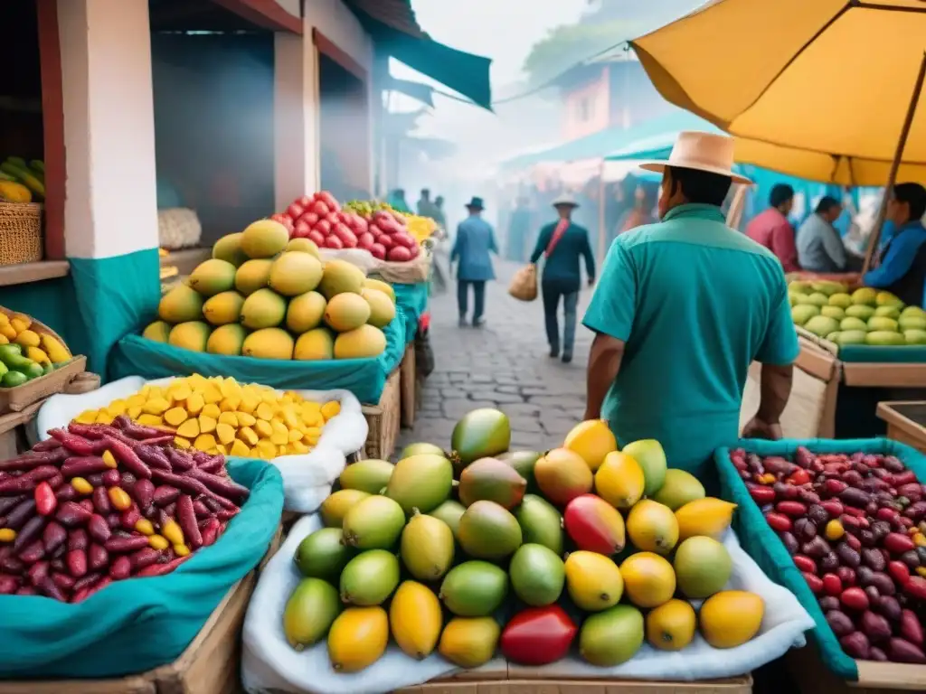 Un mercado peruano bullicioso con mangos frescos y ajíes coloridos, reflejando la esencia de la cocina tradicional