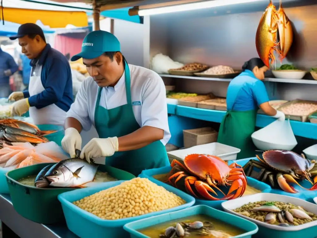 Un mercado peruano bullicioso con mariscos frescos, clientes curiosos y vendedor experto fileteando pescado