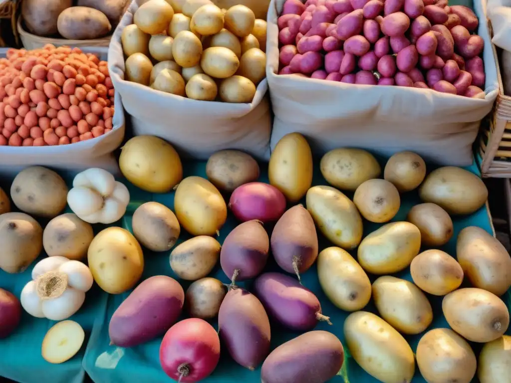 Un mercado peruano bullicioso muestra Papas Peruanas en diversas formas y colores, reflejando la esencia de este ingrediente en la gastronomía