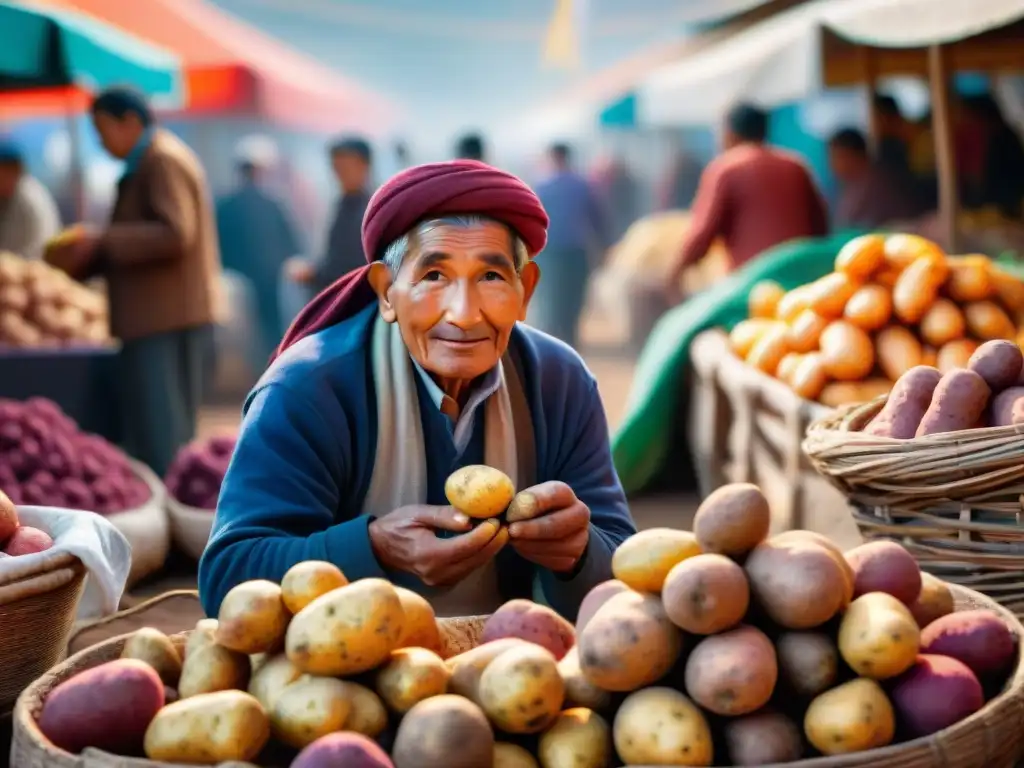 Un mercado peruano bullicioso con papas peruanas en la gastronomía