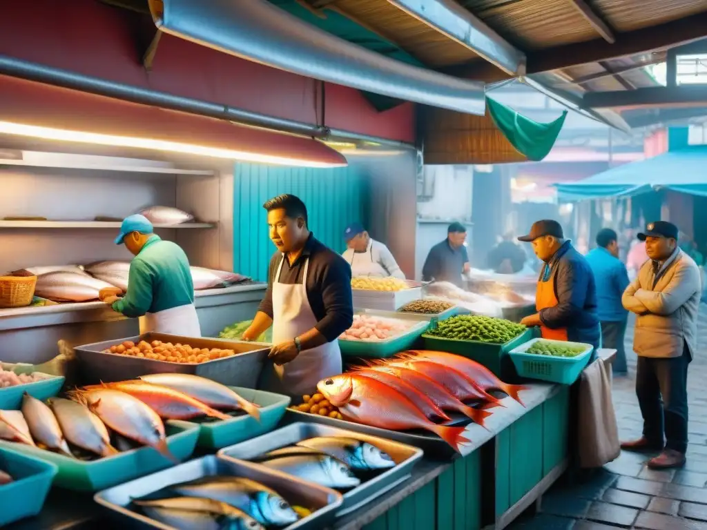 Un mercado peruano bullicioso con pescado fresco y colorido, locales regateando y chefs seleccionando ingredientes