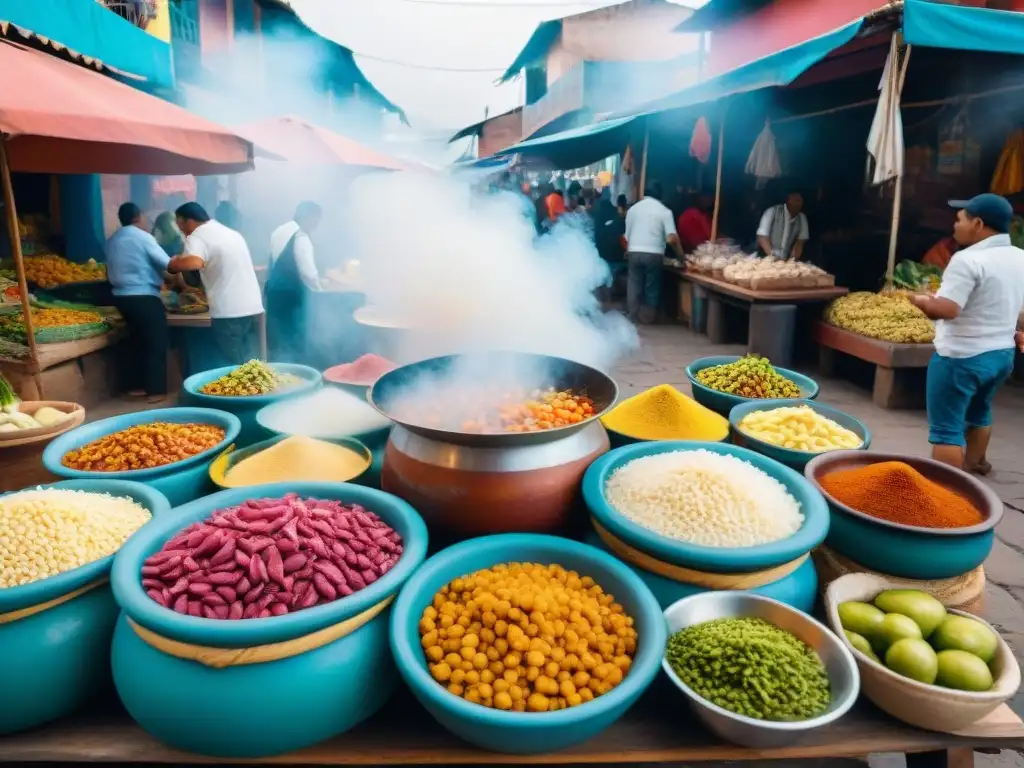 Un mercado peruano bullicioso con platos tradicionales y colores vibrantes, reflejando la esencia de la gastronomía peruana