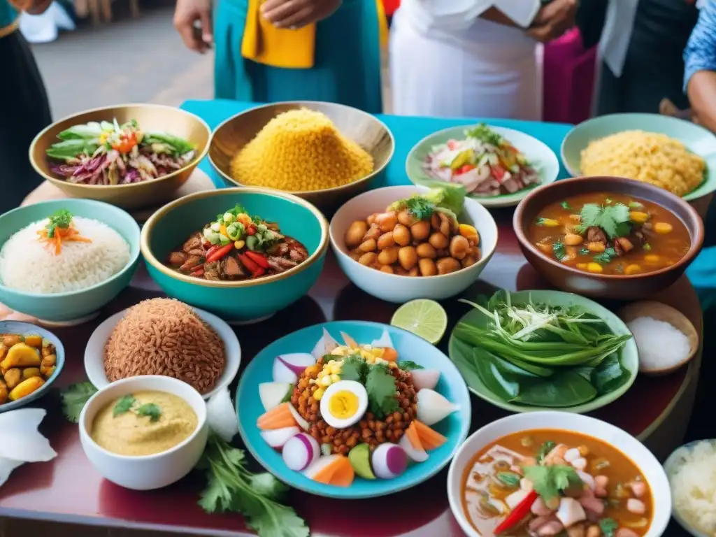 Un mercado peruano bullicioso con platos tradicionales como ceviche y lomo saltado