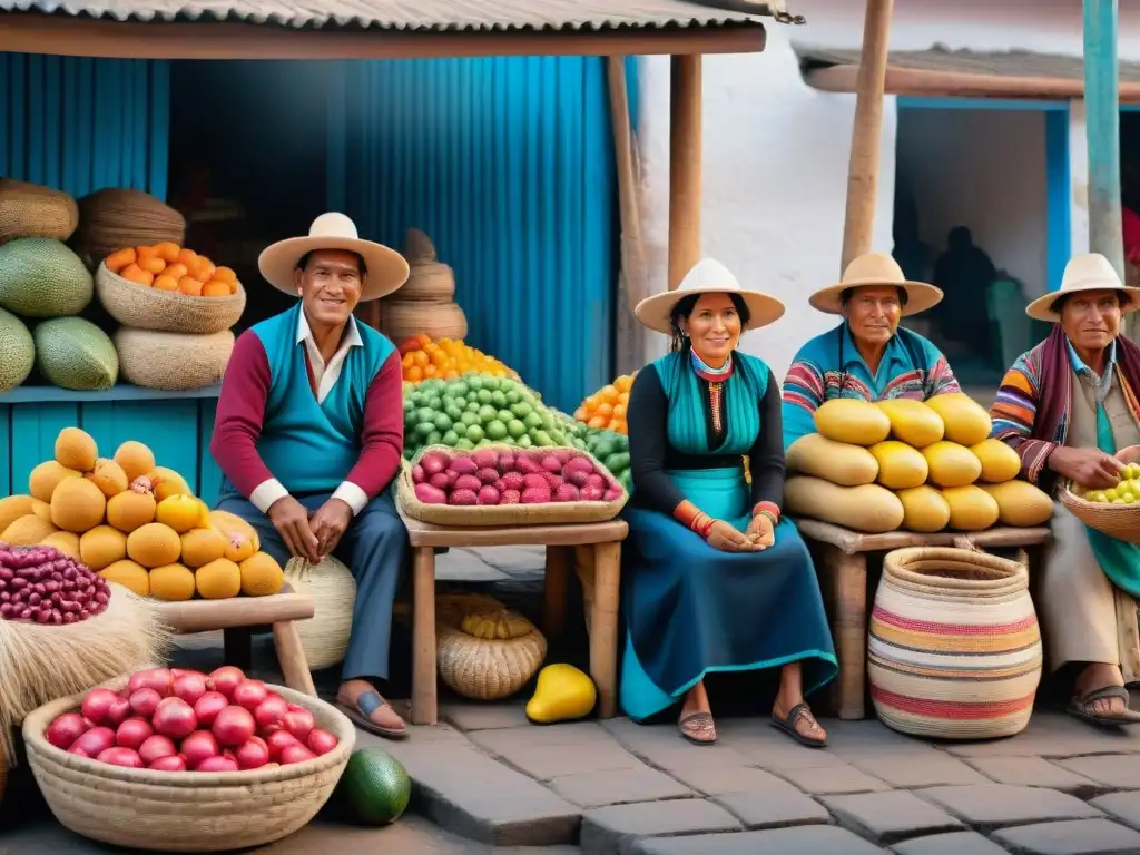 Un mercado peruano bullicioso con platos peruanos auténticos con historia, vendedores y textiles coloridos