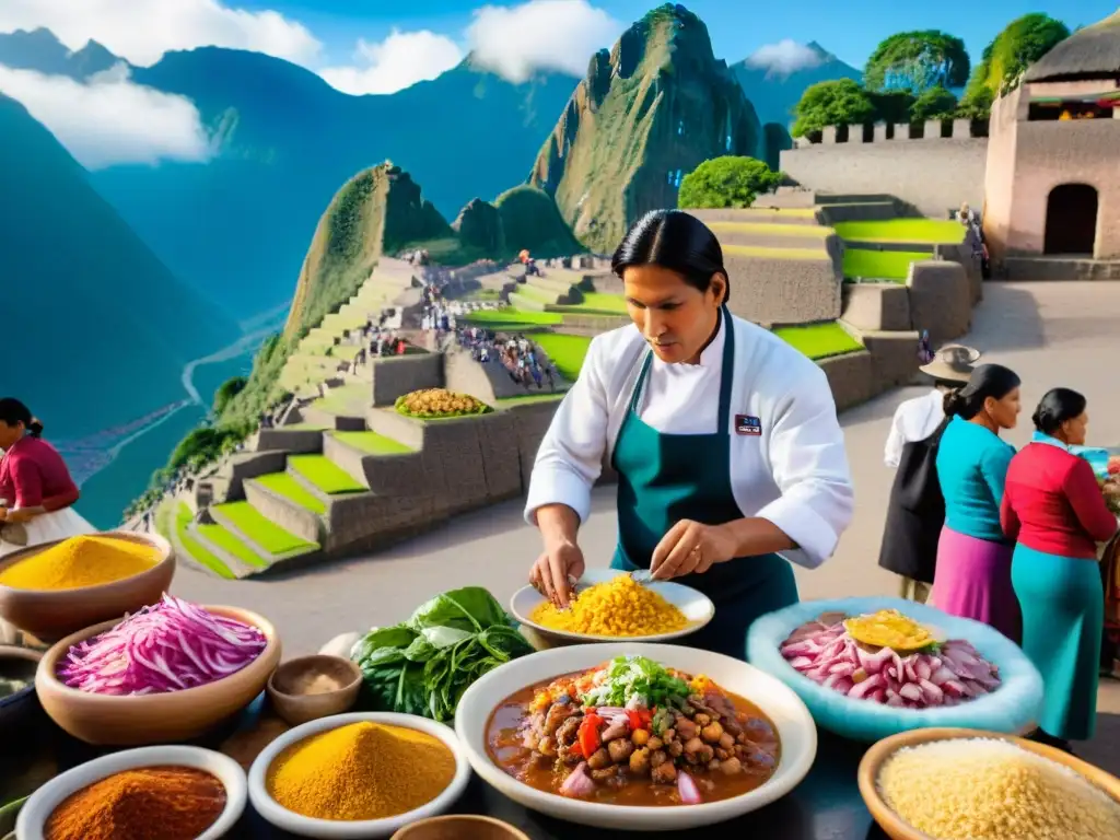 Un mercado peruano bullicioso con platos icónicos y cultura culinaria, chef preparando entre espectadores, Andes al fondo