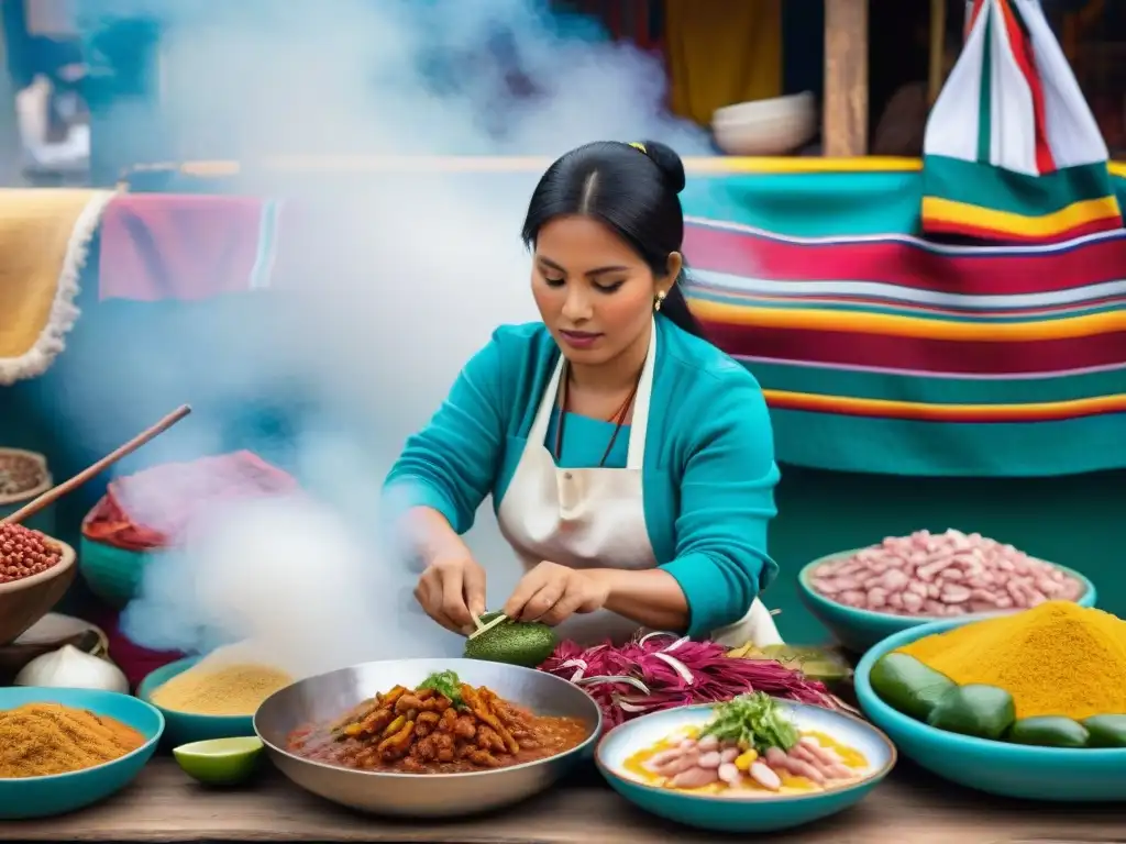 Un mercado peruano bullicioso con platos peruanos icónicos, cultura culinaria vibrante y colorida