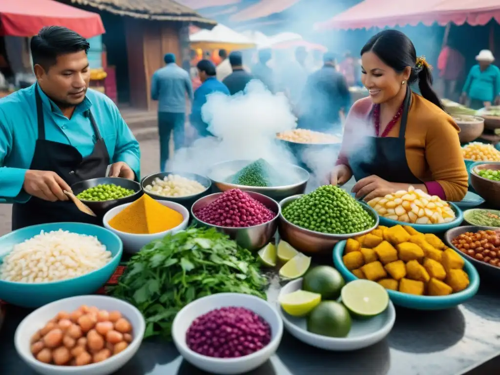 Un mercado peruano bullicioso con platos peruanos mestizos tradicionales contemporáneos, reflejando la rica gastronomía del país