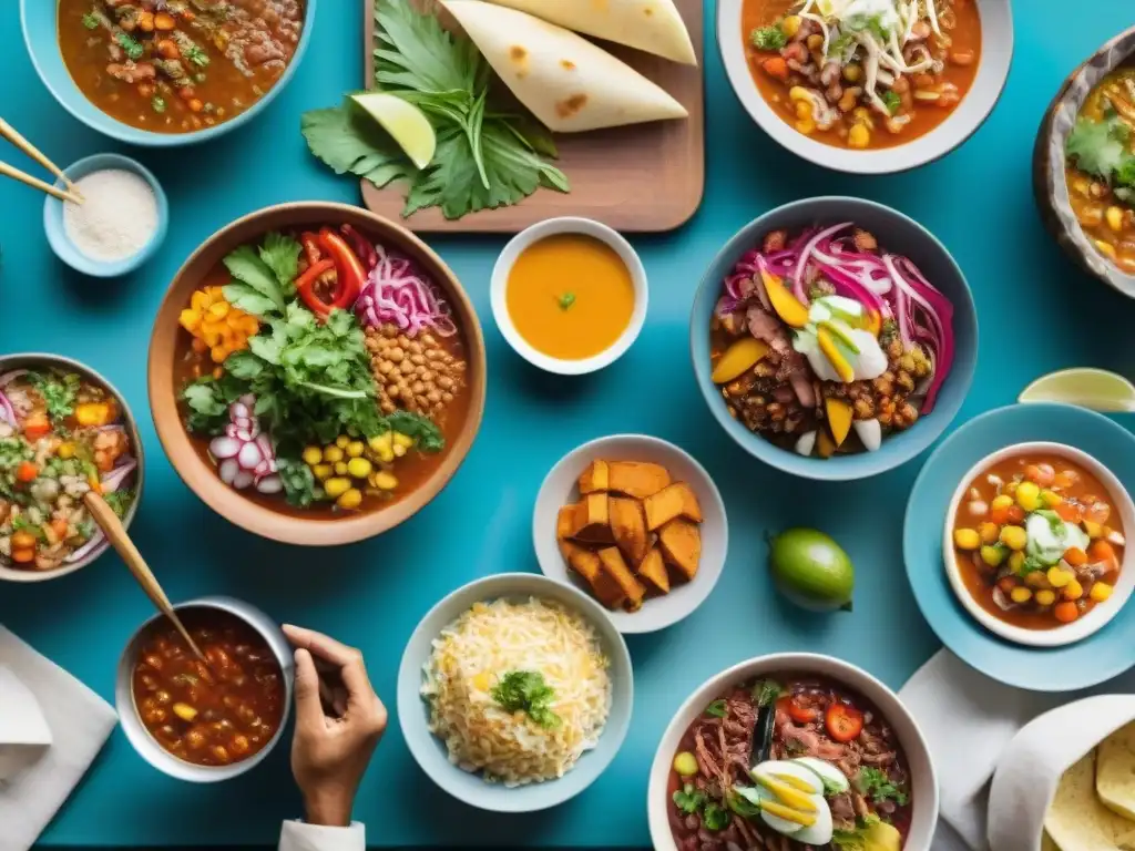 Mercado peruano bullicioso con platos tradicionales coloridos como ceviche y lomo saltado, reflejando la diversidad y unidad en la gastronomía peruana