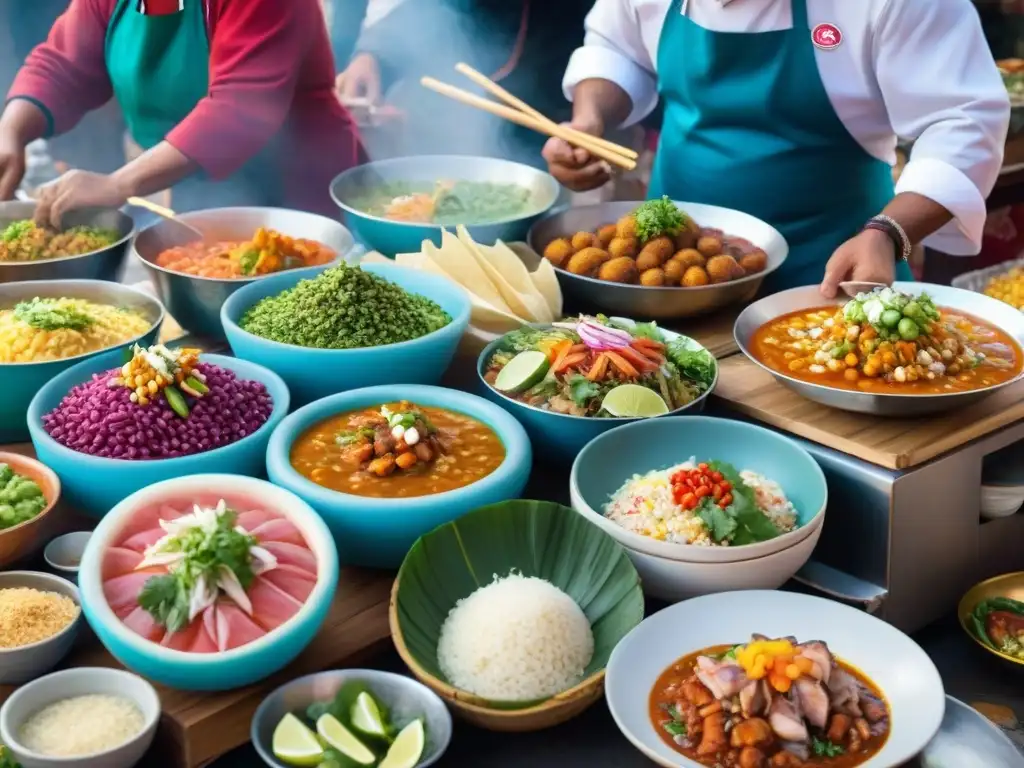 Un mercado peruano bullicioso con presentación meticulosa de comida callejera peruana