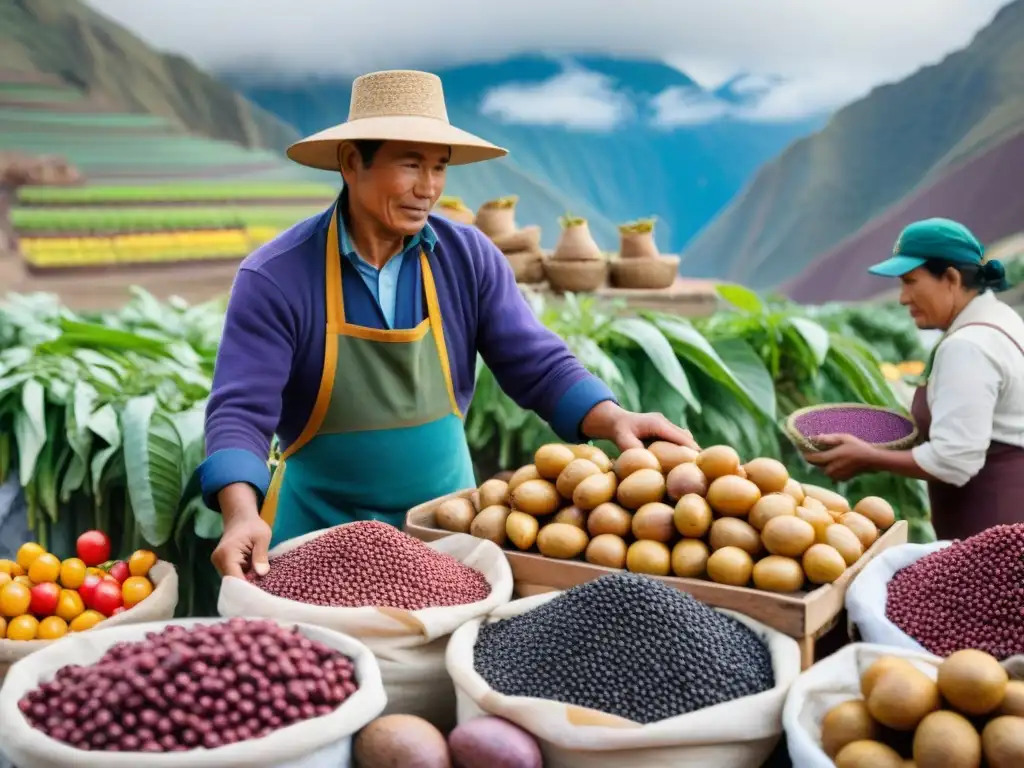 Un mercado peruano bullicioso con productos locales vibrantes y agricultores trabajando