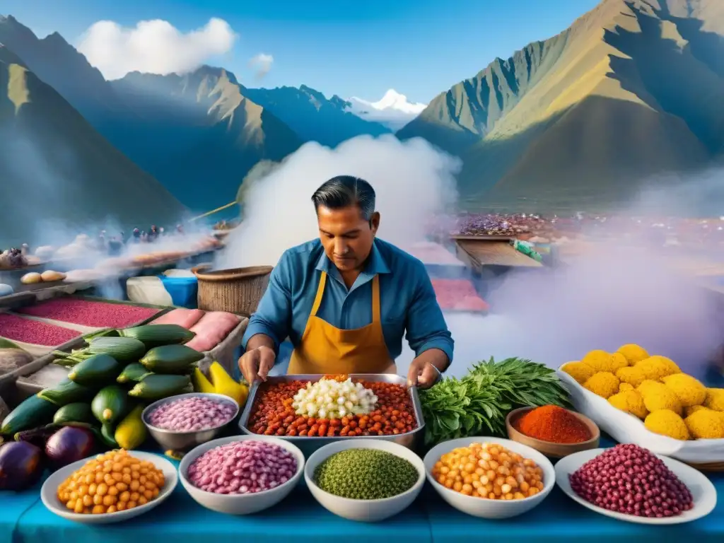 Un mercado peruano bullicioso con productos frescos y coloridos, vendedores locales y clientes, todo bajo los imponentes Andes