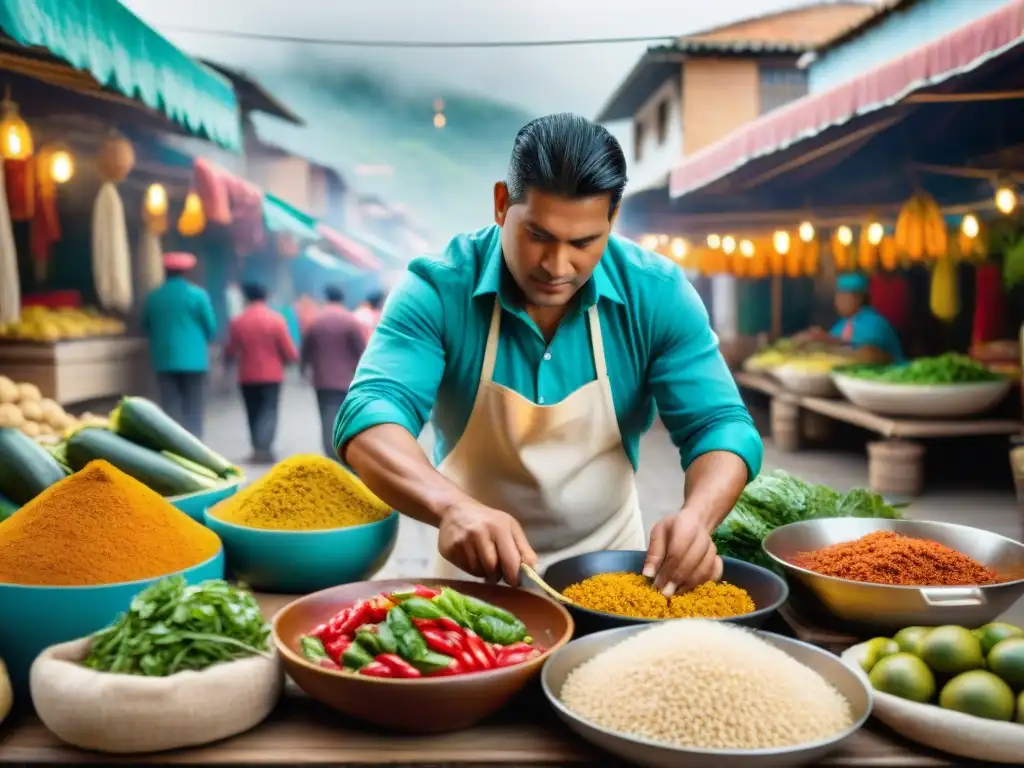 Mercado peruano bullicioso con productos locales, textiles coloridos y chefs preparando recetas digitales peruanas innovadoras