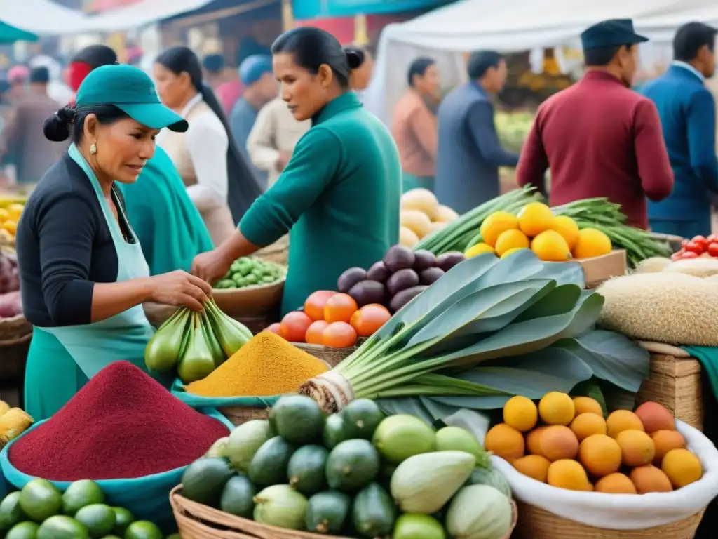 Un mercado peruano bullicioso con productos coloridos y vendedores locales en trajes tradicionales