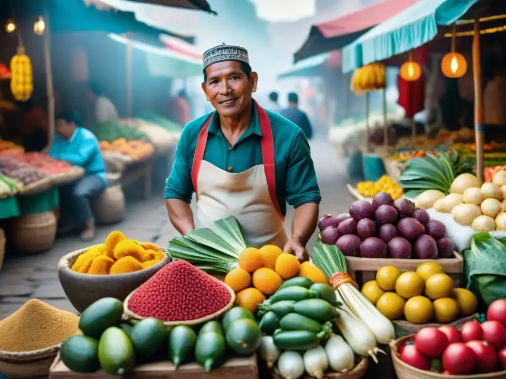 Mercado peruano bullicioso con puestos coloridos y vendedores locales en tradicionales atuendos